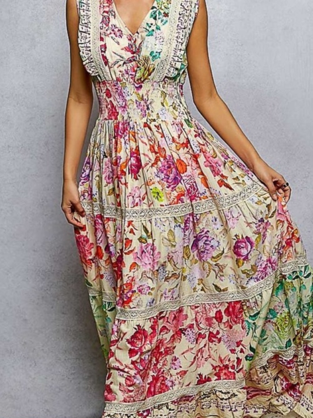 POL Floral V-Neck Tiered Maxi Dress - Cream with Multicolor Blooms NWOT